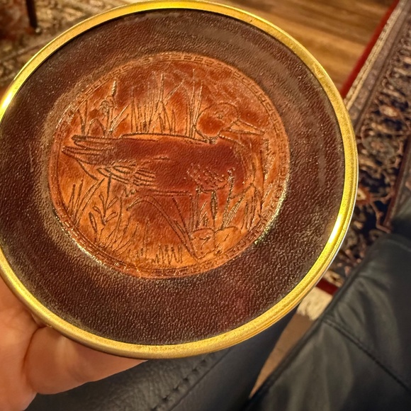 Vintage Leather & Brass Coaster Set (Set of 7) Embossed Duck Images - Picture 5 of 14